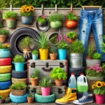 gardening scene showcasing everyday items repurpos